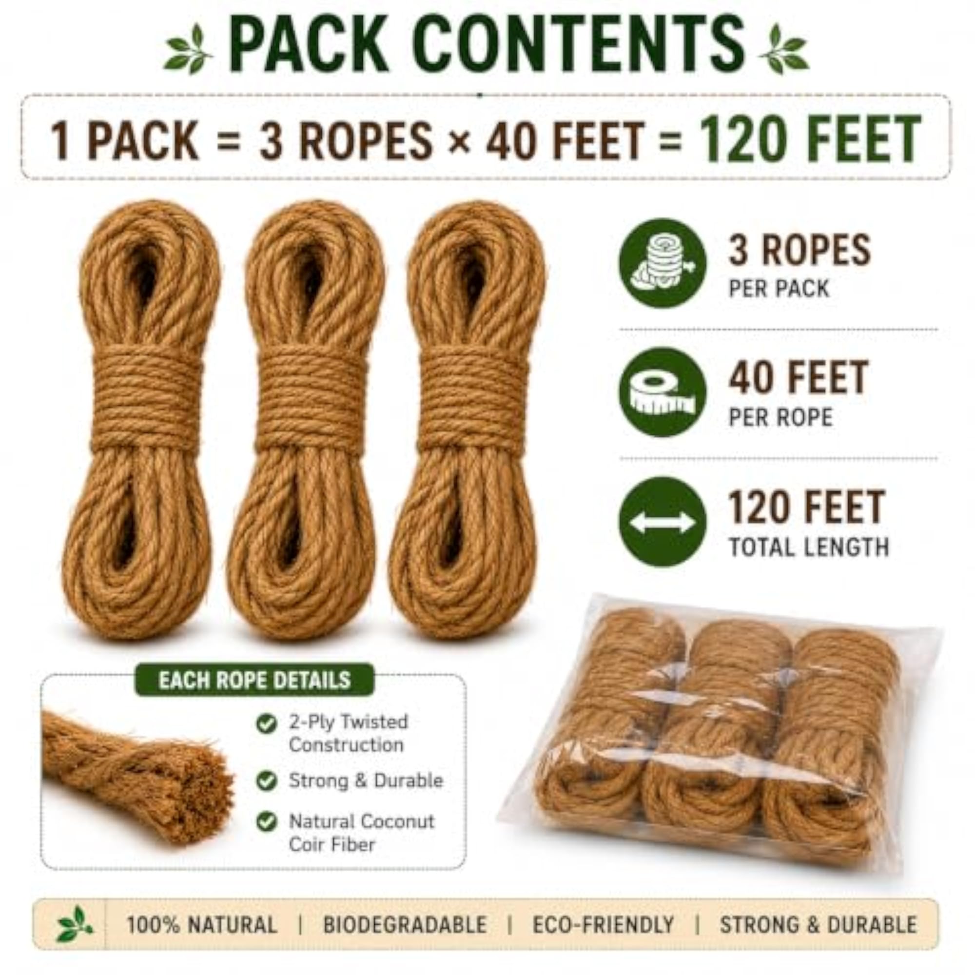 Natural Coconut Coir Rope, 120 Feet, 2-Ply Twisted